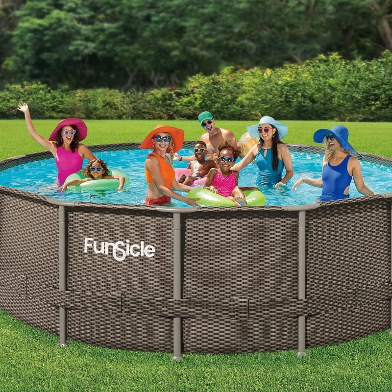 Funsicle 16ft x 48in Round Oasis Designer Above Ground Pool, Dark Double Rattan with SkimmerPlus Filter Pump & Ladder - MadeInUSA - Image 2