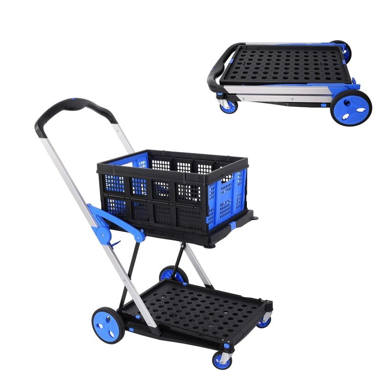 2-Tier Multi-Functional Collapsible Carts Foldable Trolley with Storage Crate Rolling Swivel Wheels - Image 12