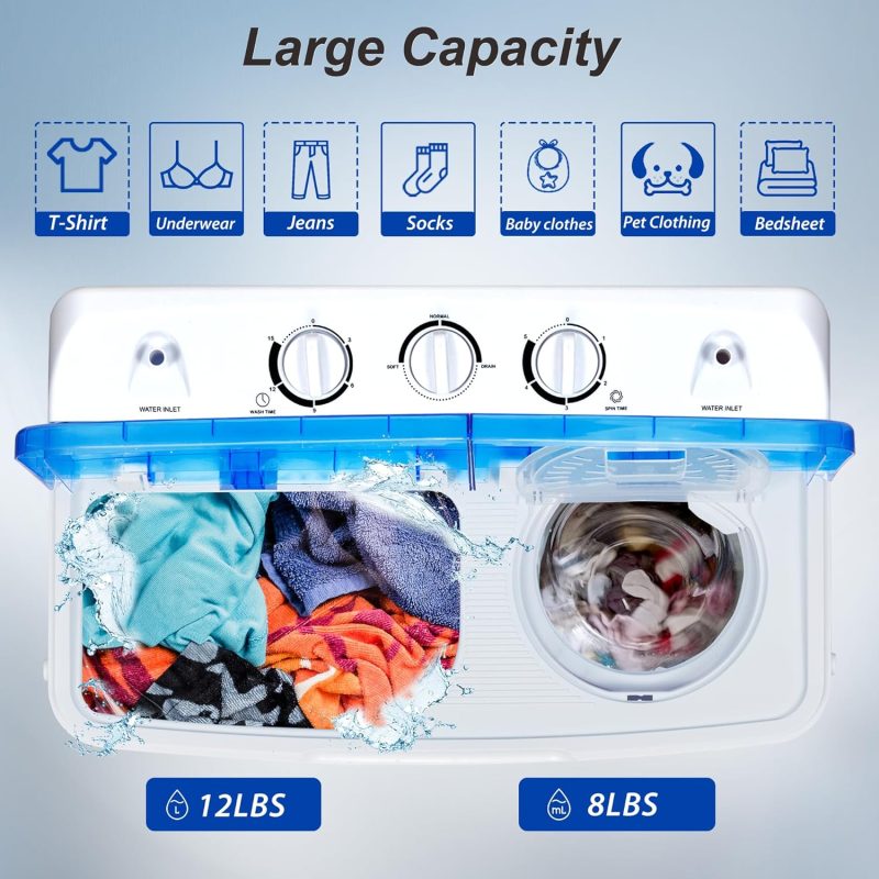 Portable Washing Machine, 15lbs Twin Tub Washer 2 In 1 Mini Compact Laundry Machine, 9lbs+6lbs Washer and Spinner Combo for Dorms, Apartments, RVs(Black) �C 15lbs - Image 41