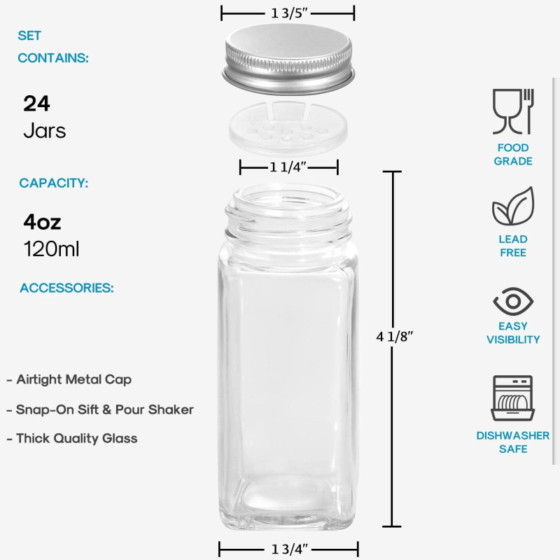 24 Pcs, 4oz Glass Spice Jars/Bottles With Spice Labels, Shaker Lids & Airtight Metal Caps – Silicone Collapsible Funnel Included - Image 2