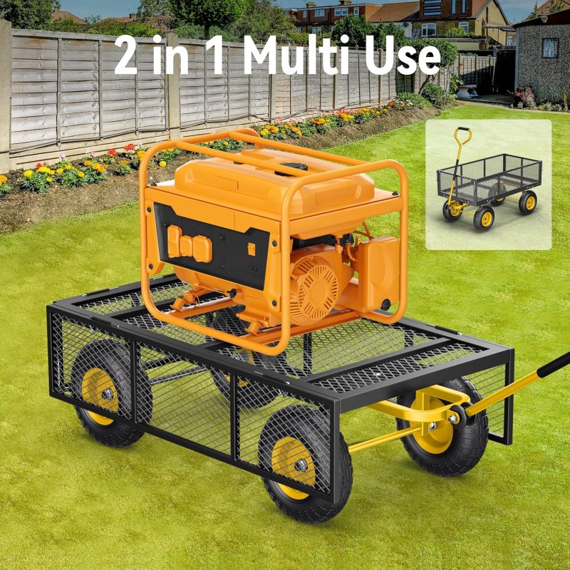 Steel Garden Cart, 2-in-1 1400 lbs Heavy Duty Utility Wagon, with Removable Mesh Sides to Convert into Flatbed, 240° U-Turn 13" Pneumatic Tires Garden Wagon for Farm Yard Lawn Garden Camping - Image 11