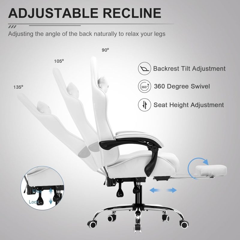 GTPLAYER Gaming Chair, Computer Chair with Footrest and Lumbar Support, Height Adjustable Game Chair with 360  -Swivel Seat and Headrest and for Office or Gaming (White) - Image 45