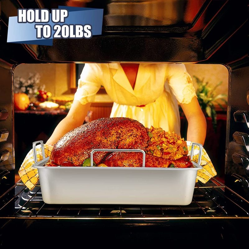 151⁄4” Roasting Pan with Rack, 7 PCS  Stainless Steel Roaster, Lasagna Pan with Cooling Flat & V-Shaped Baking Rack, Grilling Chicken Holder, Meat Shredding Claws, - Image 6
