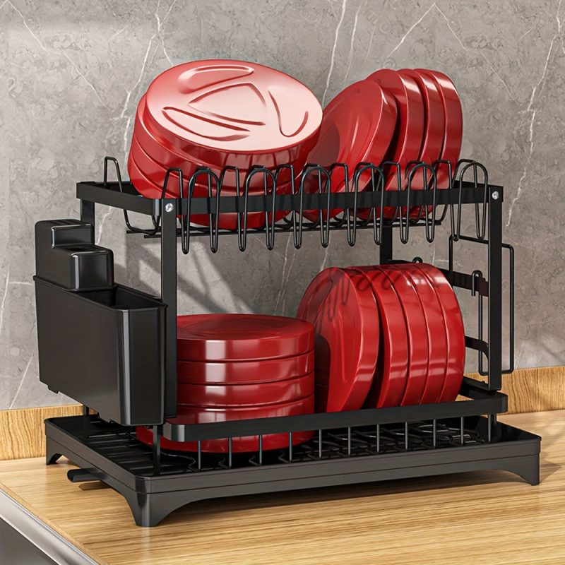 2-Tier Stainless Steel Dish Drying Rack for Kitchen Counter, Over the Sink with Utensil Holder and Cutting Board Storage - Image 13