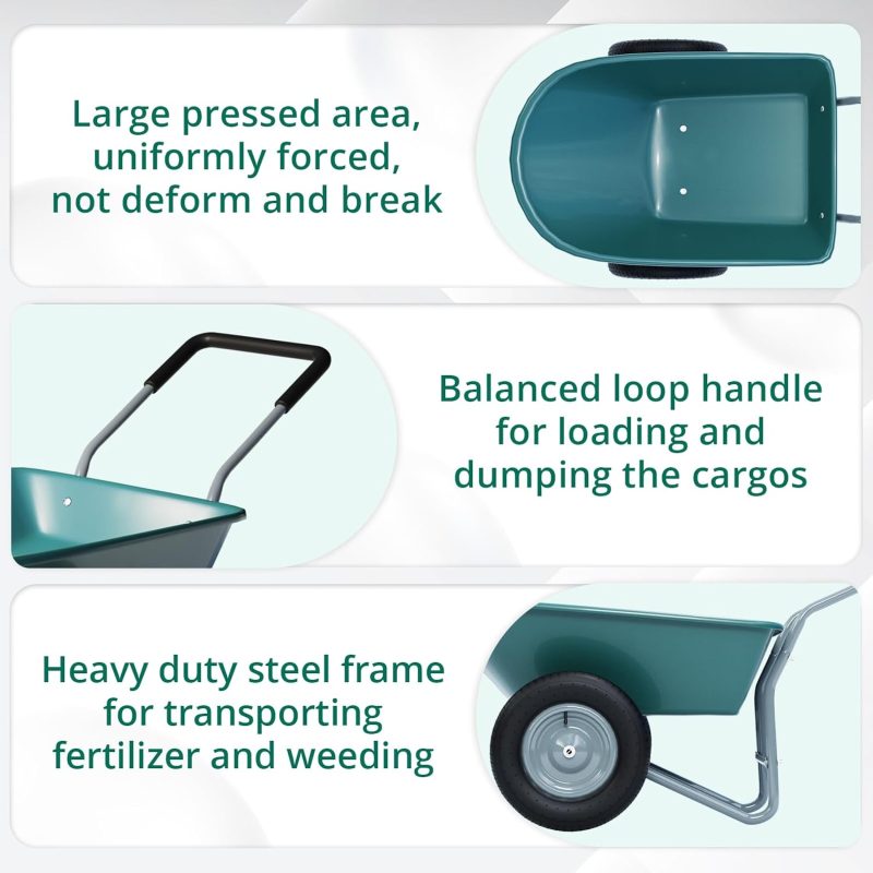 2 Wheel Wheelbarrow  330 Pounds Capacity Yard Cart with Padded Handlebar  14 Inch Pneumatic Tires for High Stability  Ideal for Moving Soil  Plant Shrub  Gardening Tool  Easy Assembly - Image 4
