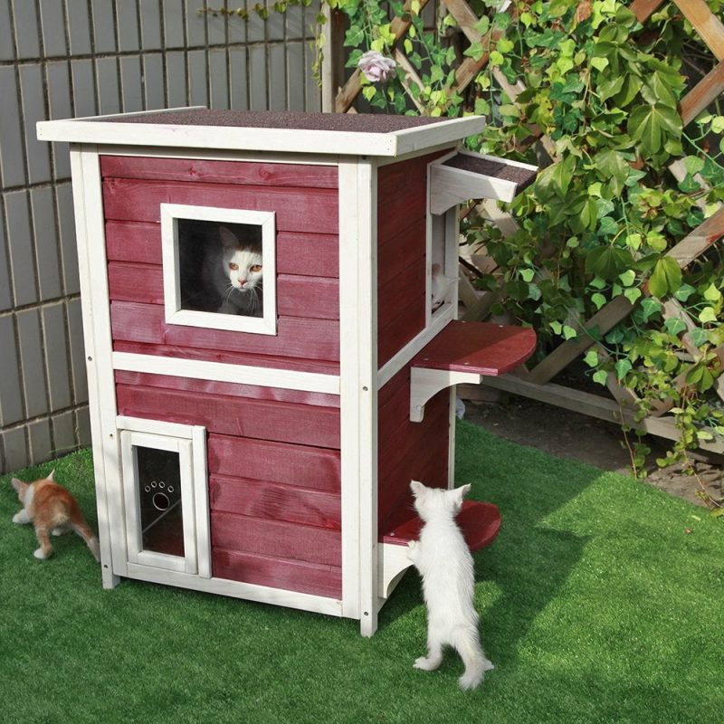 Petsfit 2-Story Weatherproof Outdoor Kitty Cat House/Condo/Shelter with Escape Door 20 Lx20 Wx32 H