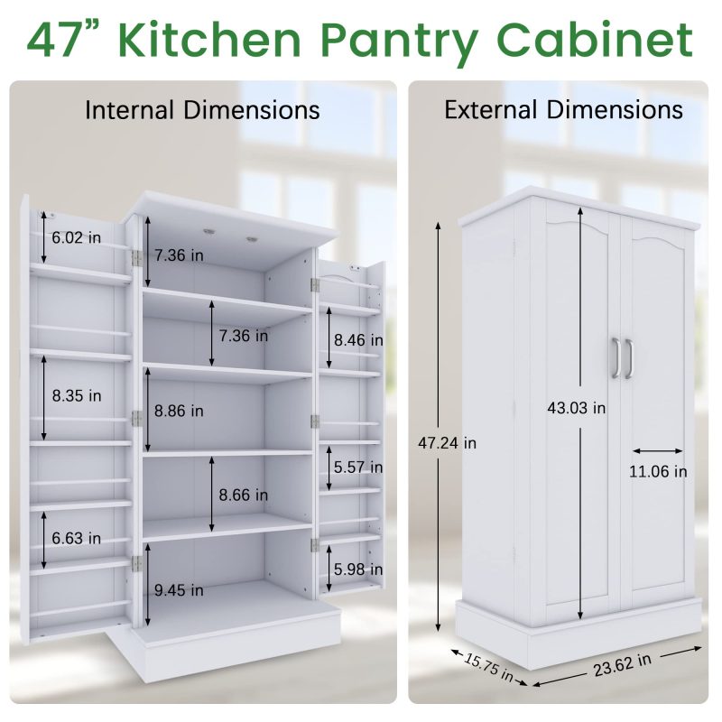 Jehiatek 47u201d Kitchen Pantry Cabinet, White Freestanding Buffet Cupboards Sideboard with Doors & Adjustable Shelves, Kitchen Pantry Storage Cabinet for Kitchen, Living Room and Dinning Room - 图片 2