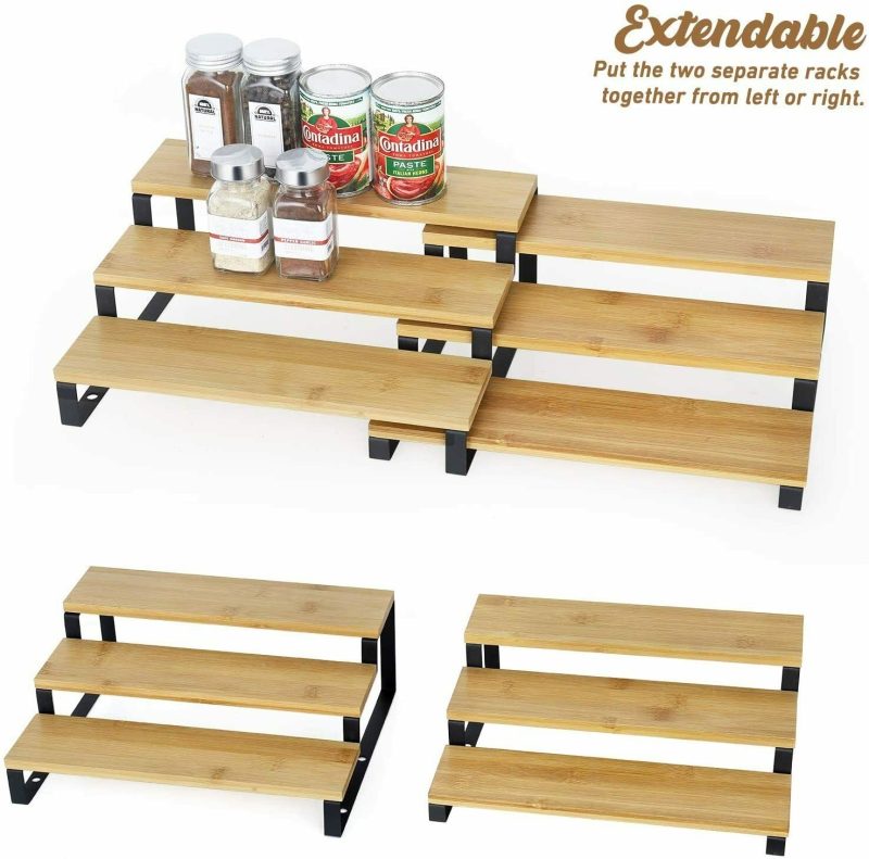 3 Tier Expandable Spice Rack Step Shelf Bamboo Organizer for Kitchen Cabinet - Image 3