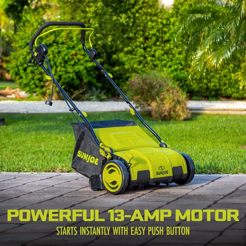 AJ805E 15-Inch 13-Amp Electric Dethatcher and Scarifier w/Removeable 13.2-Gal Collection Bag, 5-Position Height Adjustment, Airboost Technology Increases Lawn Health, Green - Image 2