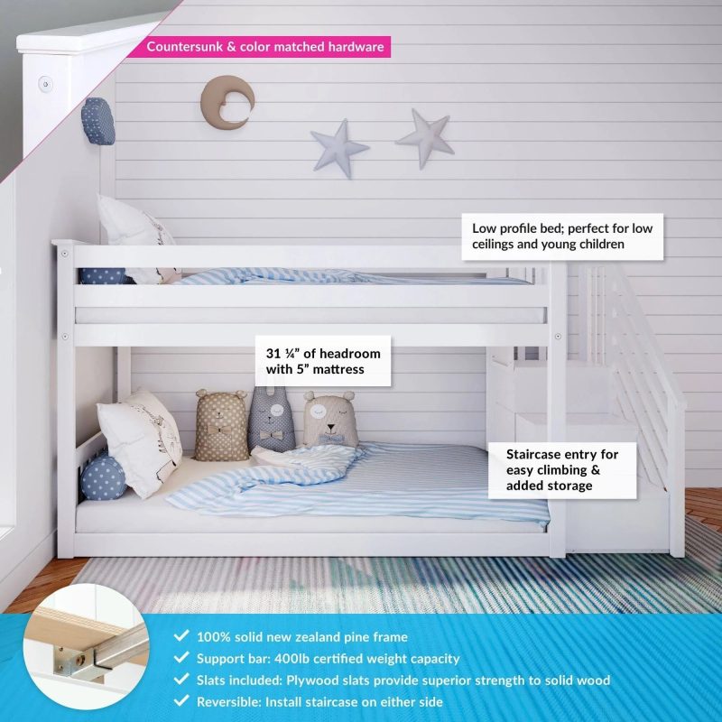 Max and Lily Twin Over Twin Low Bunk Bed with Staircase - Pecan - MadeInUSA - Image 4
