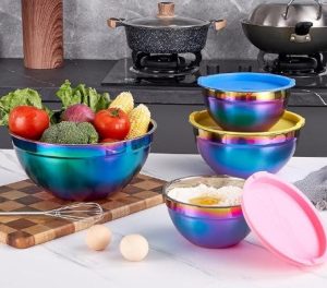 4-piece Rainbow Iridescent Stainless Steel Mixing Baking and Cooking Bowls with Color Lids