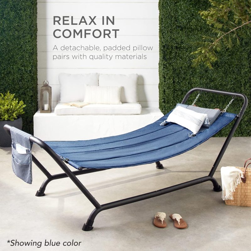 Best Choice Products Outdoor Hammock Bed with Stand for Patio, Backyard, Garden, Poolside w/Weather-Resistant Polyester, 500LB Weight Capacity, Pillow, Storage Pockets - Red - Image 6