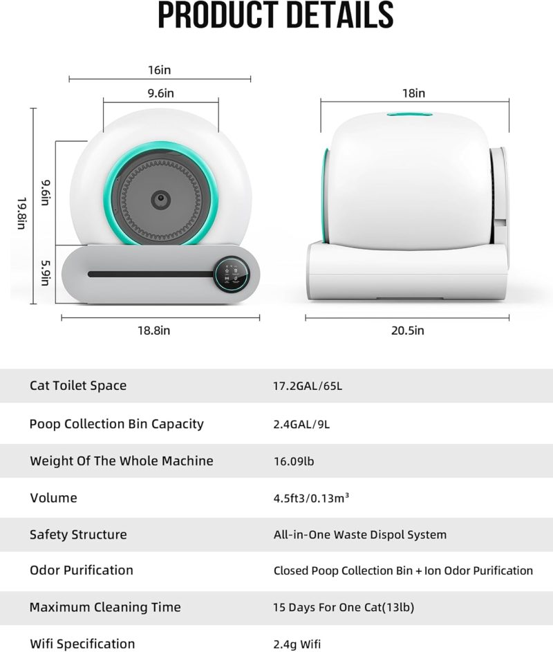 Self Cleaning Cat Litter Box, Automatic Cat Litter Box with Mat & Liners, 65L+9L Large Capacity Self Cleaning Litter Box, APP Control/Suitable for Multiple Cats - Grey - Image 9