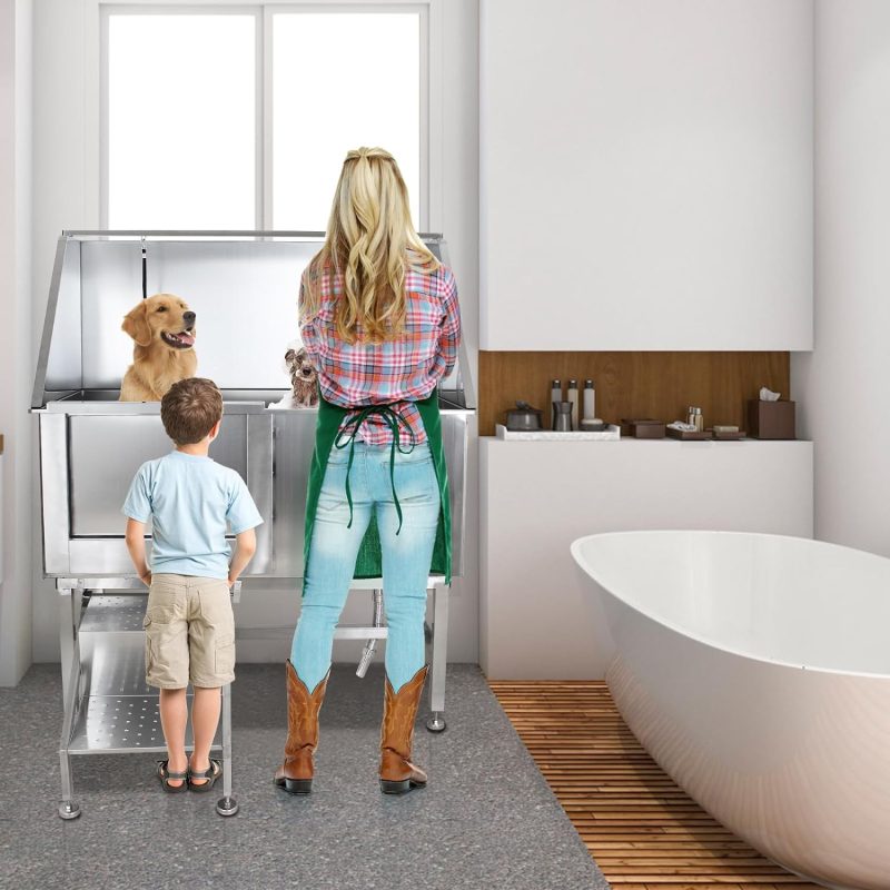 50′′ Dog Wash Bathtub, Pet Wash Station, Professional Stainless Steel Dog Grooming Tub with Ramp, Faucet, Sprayer, Drain Kit, Right Door - Image 5