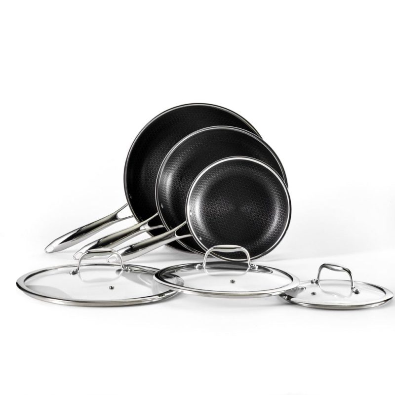 HexClad 6-Piece Hybrid Nonstick Fry Pan Set with Lids, Stainless Steel, 8/10/12-Inch, Oven & Dishwasher Safe - Image 6