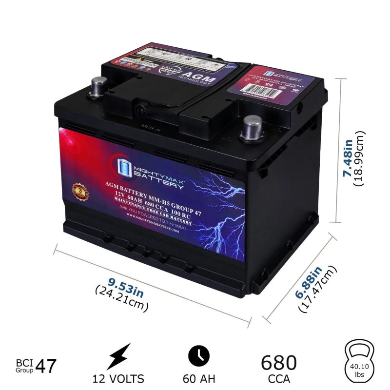 MM-H5 12V 60AH AGM Car Battery, Group 47, 680 CCA, 100RC, Sealed Lead Acid, Rechargeable - Image 2