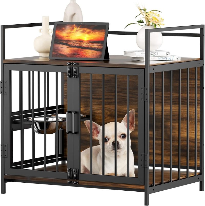 Furniture Style Large Dog Crate with 360° & Adjustable Raised Feeder for Dogs 2 Stainless Steel Bowls -End Table House Pad, Indoor Use,41" L X 24" W 36" H, Classic Brown - Image 4