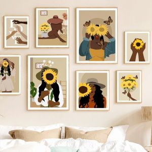 Abstract African Girl Sunflower and Butterfly Wall Art