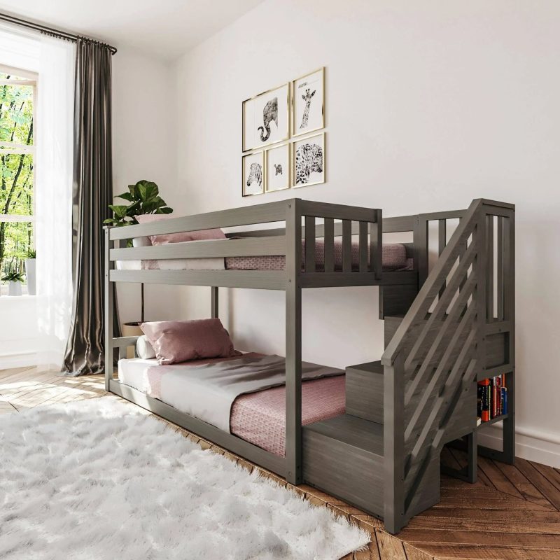 Max and Lily Twin Over Twin Low Bunk Bed with Staircase - Pecan - MadeInUSA - Image 6