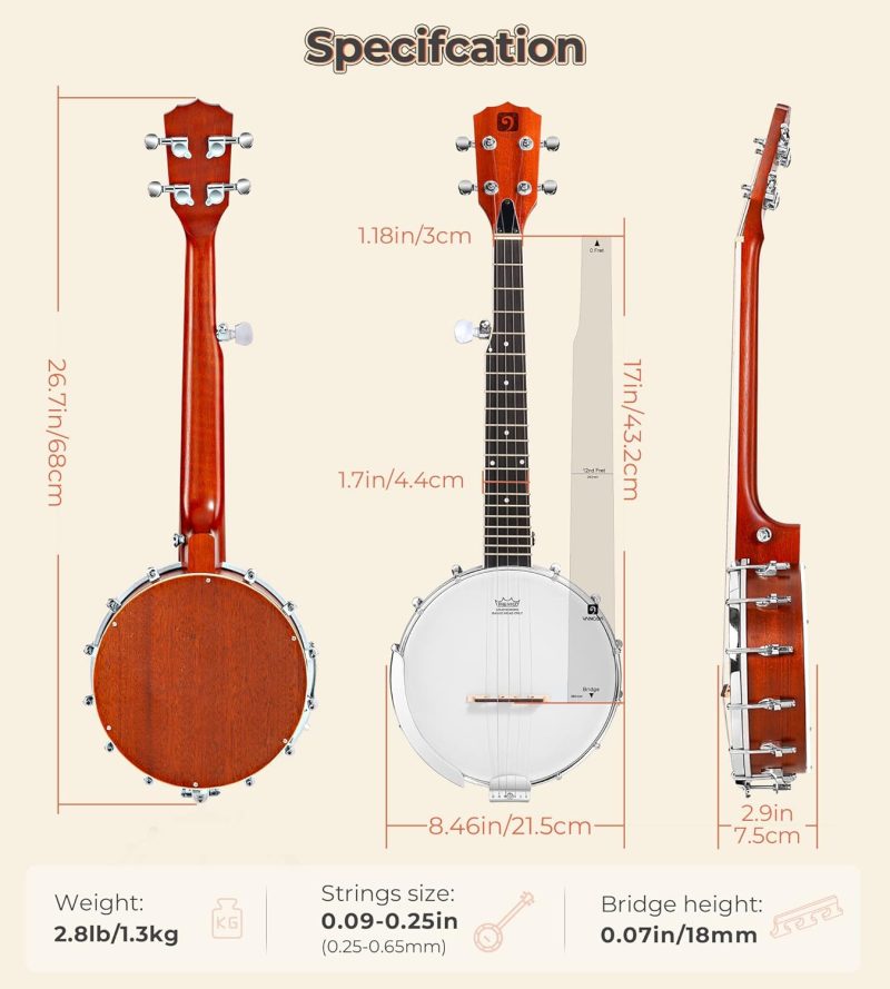 Banjo 5 String Full Size Banjos Set with Resonator, Remo Head, Beginner Banjo Kit with Closed Back, Premium Accessories for Adults, Teenager - Image 7