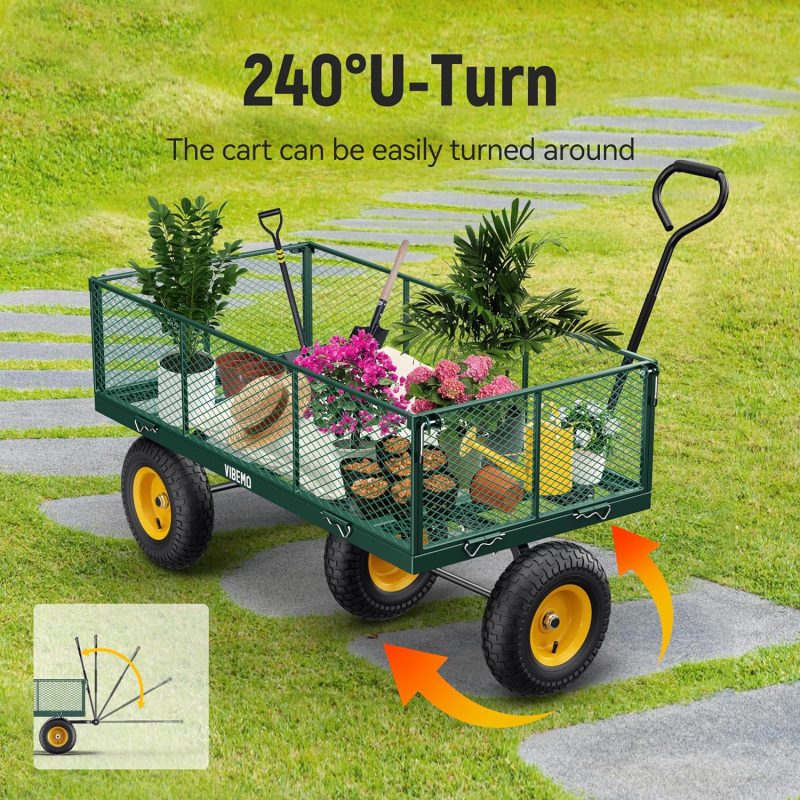 Steel Garden Cart, 2-in-1 1400 lbs Heavy Duty Utility Wagon, with Removable Mesh Sides to Convert into Flatbed, 240° U-Turn 13" Pneumatic Tires Garden Wagon for Farm Yard Lawn Garden Camping - Image 24