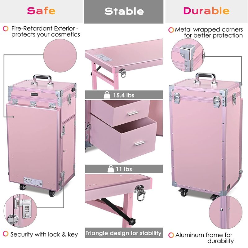 BYOOTIQUE Nail Desk Mobile Station Rolling Makeup Train Case Trolley Cosmetic Manicure Table Mirror 4 Drawers Pink - Image 5