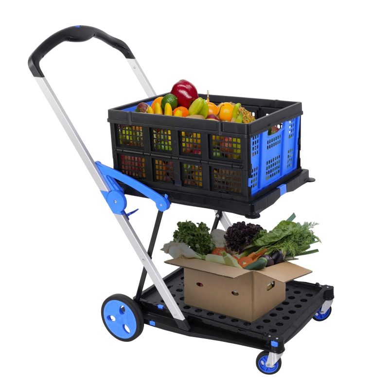 2-Tier Multi-Functional Collapsible Carts Foldable Trolley with Storage Crate Rolling Swivel Wheels - Image 13