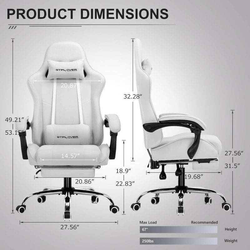 GTPLAYER Gaming Chair, Computer Chair with Footrest and Lumbar Support, Height Adjustable Game Chair with 360  -Swivel Seat and Headrest and for Office or Gaming (White) - Image 46