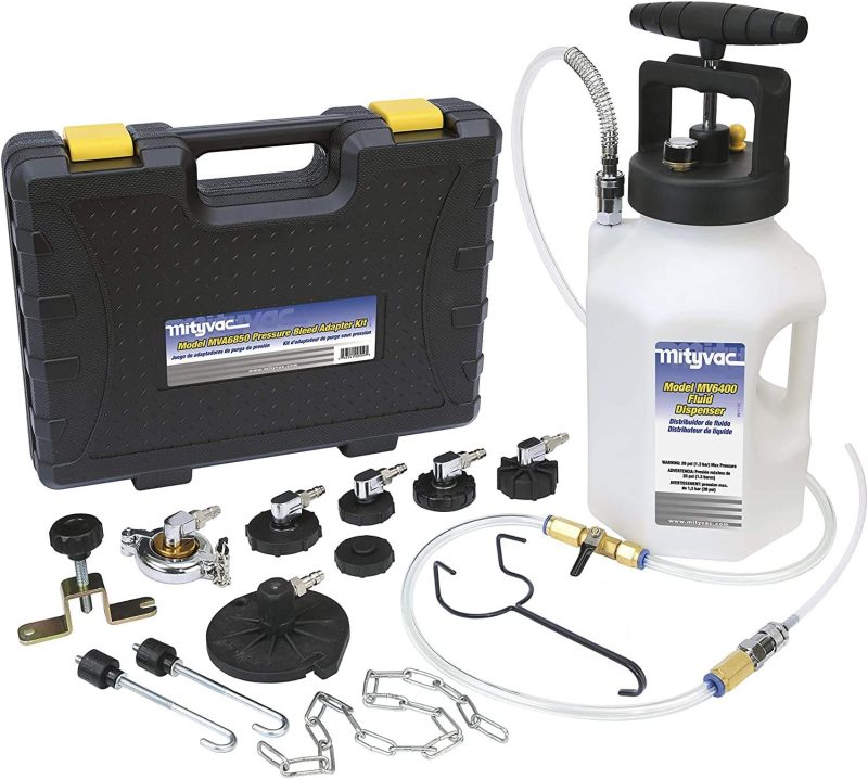 Professional Hydraulic Brake and Clutch Pressure Bleeding System, Integrated Safety and Pressure Relief Valve, 7 Master Cylinder Adapters and Storage Case