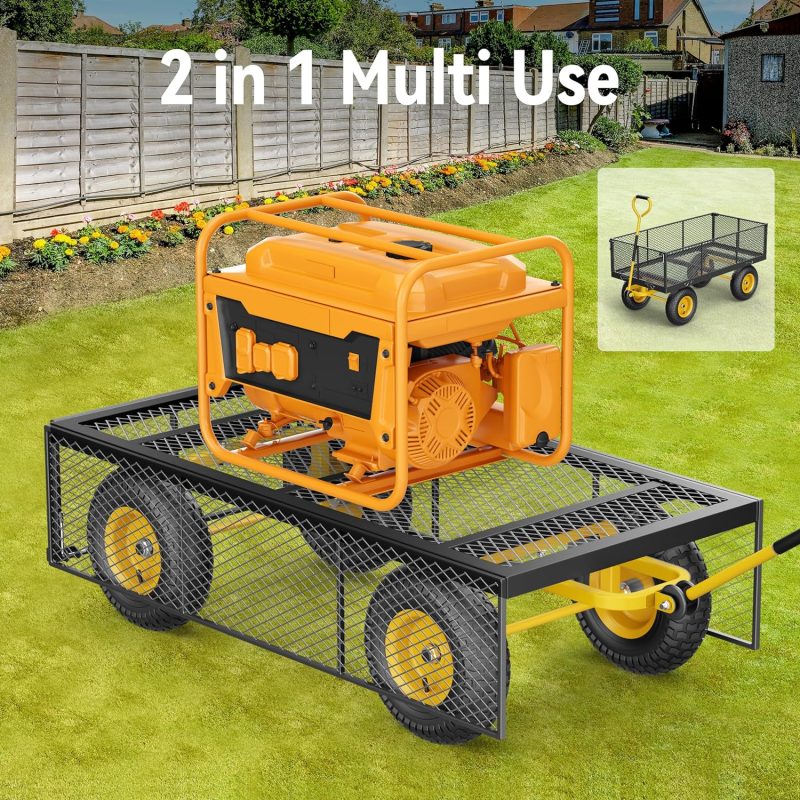 Steel Garden Cart, 2-in-1 1400 lbs Heavy Duty Utility Wagon, with Removable Mesh Sides to Convert into Flatbed, 240° U-Turn 13" Pneumatic Tires Garden Wagon for Farm Yard Lawn Garden Camping - Image 2