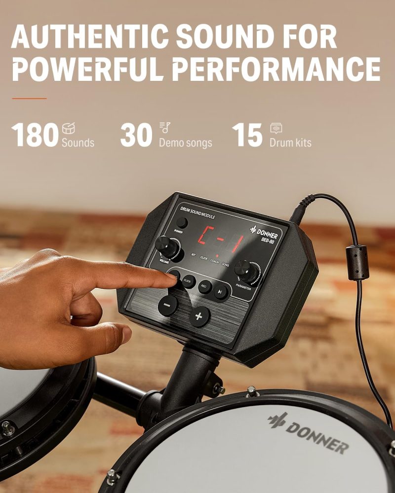 Donner DED-80 Electronic Drum Set, Electric Drum Set for Beginner with 4 Quiet Mesh Drum Pads, 2 Switch Pedal, 180+ Sounds, Throne, On-Ear Headphones, Sticks, and Melodics Lessons Included. sgtnighsdesigns - Image 5