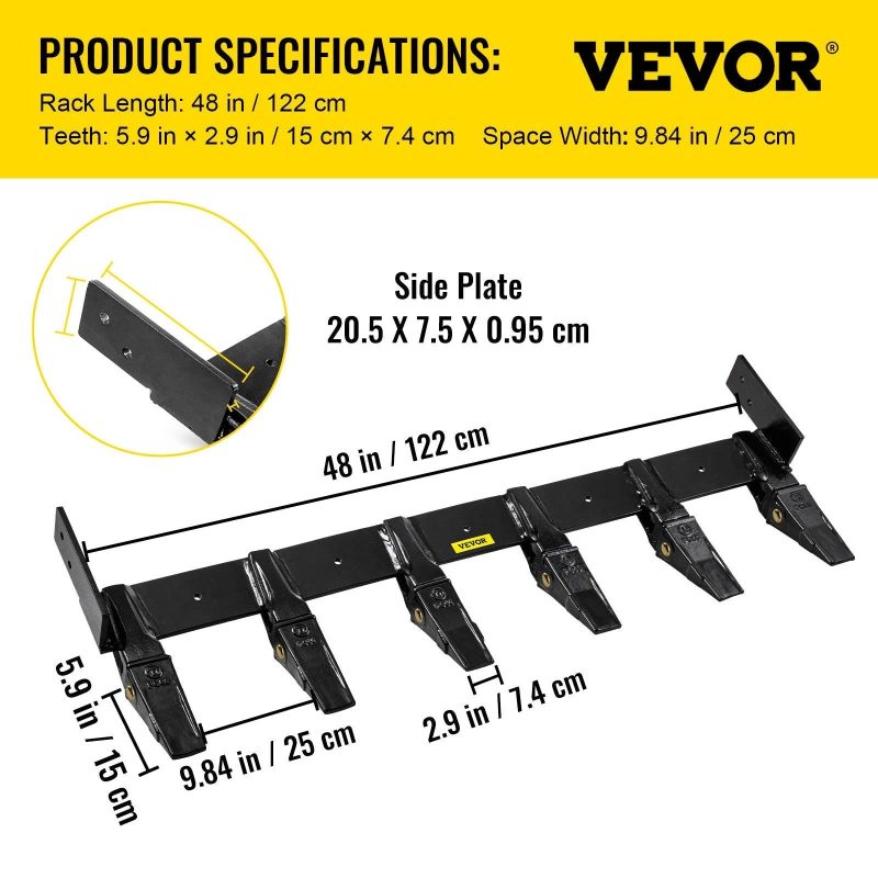 VEVOR Bucket Tooth Bar 48'' Inside Bucket Width Tractor Bucket Teeth 9.84'' Teeth Space Tooth Bar for Loader Bucket 23TF Bolt on Tooth Bucket - MadeInUSA - Image 8