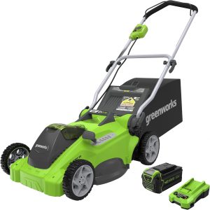 Greenworks 40V Cordless Lawn Mower, 16′′ Deck, 4.0Ah Battery & Charger Included, Lightweight, 5-Position Height Adjustment