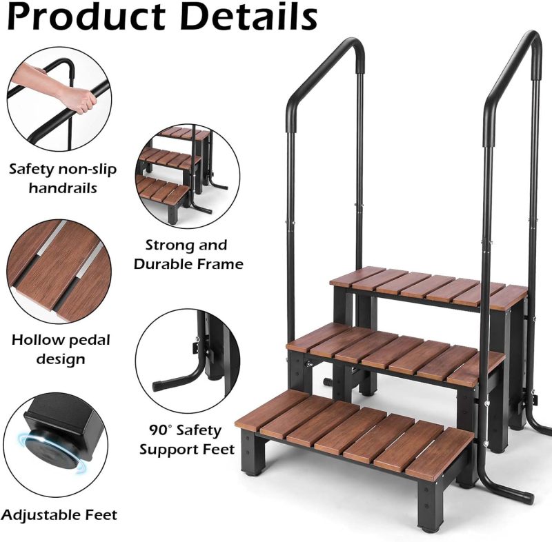 Hot tub Steps with handrails 550 LB Load Capacity above Ground Stairs Pool Steps Three Steps hot tub Steps with Railing RV Steps with Handrails Outdoor Spa Bathtub Step Ladder with Handrails - 图片 3