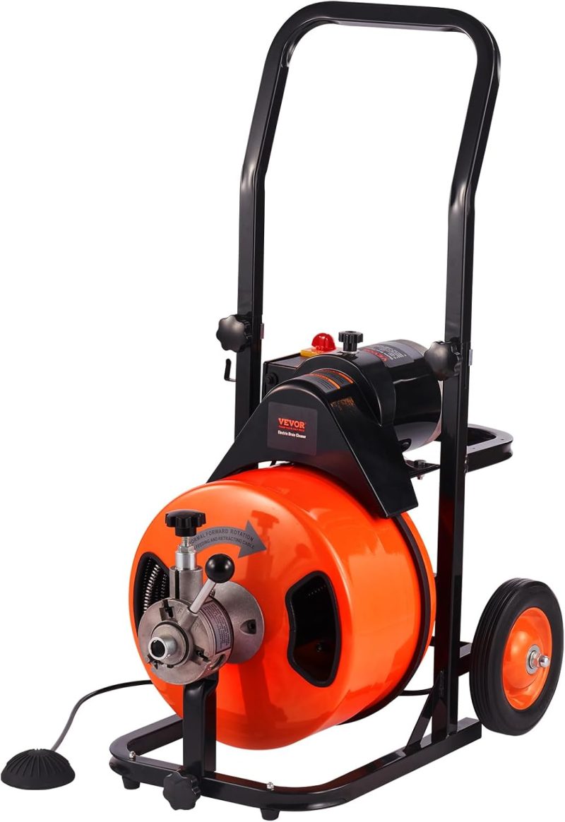 Drain Cleaner Machine 100FT x 1/2Inch, Auto Feed Sewer Snake Auger with 4 Cutter & Air-activated Foot Switch for 1" to 4" Pipes, Orange, Black - Image 10