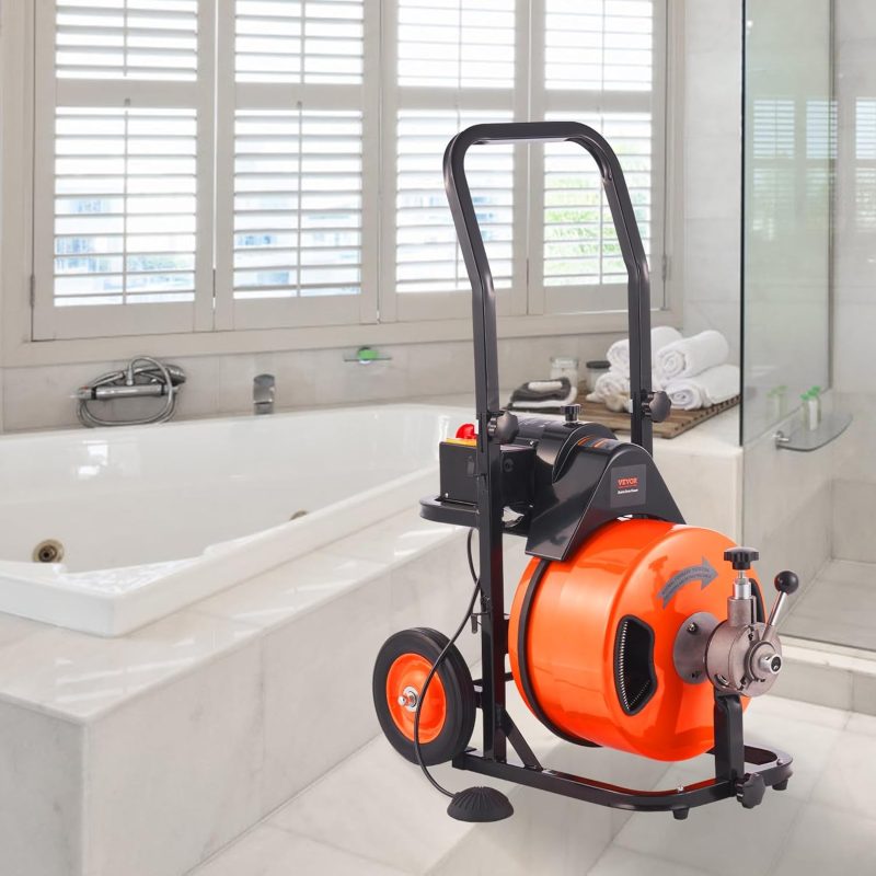 Drain Cleaner Machine 100FT x 1/2Inch, Auto Feed Sewer Snake Auger with 4 Cutter & Air-activated Foot Switch for 1" to 4" Pipes, Orange, Black - Image 8