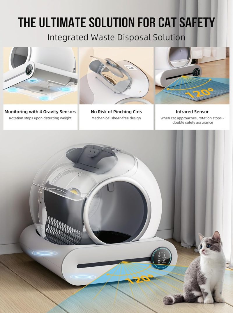 Self Cleaning Cat Litter Box, Automatic Cat Litter Box with Mat & Liners, 65L+9L Large Capacity Self Cleaning Litter Box, APP Control/Suitable for Multiple Cats - Grey - Image 10