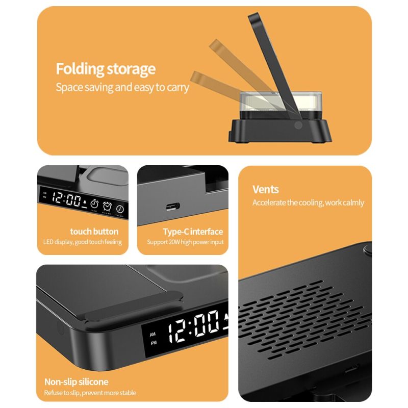 4 in 1 Foldable Multifunction Wireless Charging Station with Alarm Clock Display for iPhone Samsung Apple Watch Air Pods Charger with 7 Colors RGB Night Light - Image 8