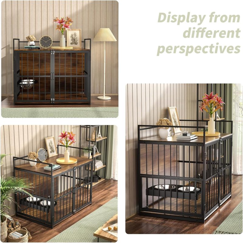 Furniture Style Large Dog Crate with 360° & Adjustable Raised Feeder for Dogs 2 Stainless Steel Bowls -End Table House Pad, Indoor Use,41" L X 24" W 36" H, Classic Brown - Image 9