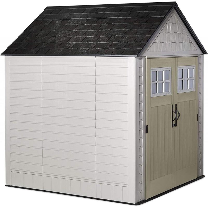 Rubbermaid 7×7 Ft Durable Weather Resistant Resin Outdoor Garden Storage Shed with Windows and Utility Hooks, Sand - Image 6