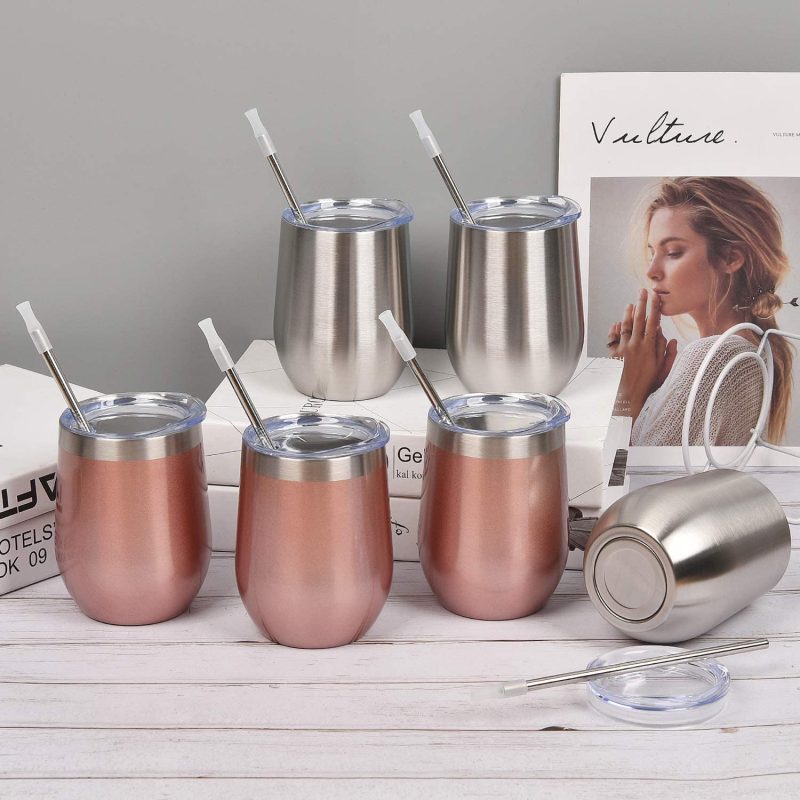 6 Pack 12Oz Stainless Steel, Stemless Wine Tumbler, Glasses Set with Lid & Straw - Image 9