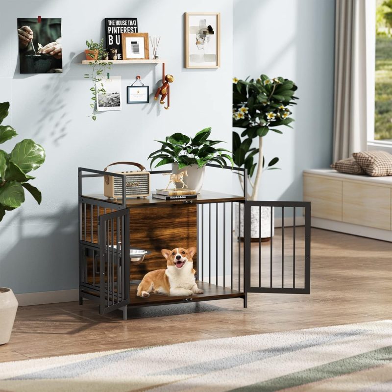 Furniture Style Large Dog Crate with 360° & Adjustable Raised Feeder for Dogs 2 Stainless Steel Bowls -End Table House Pad, Indoor Use,41" L X 24" W 36" H, Classic Brown - Image 13