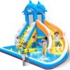 Water Slide,5 in 1 Dolphin Inflatable Bounce House for Kids- Climbing Wall Splash Pool Water Cannon Basketball Rim - 480W Blower - for Indoor Outdoor Backyard Birthday Party
