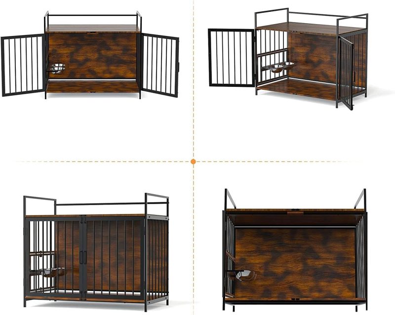 Furniture Style Large Dog Crate with 360° & Adjustable Raised Feeder for Dogs 2 Stainless Steel Bowls -End Table House Pad, Indoor Use,41" L X 24" W 36" H, Classic Brown - Image 15