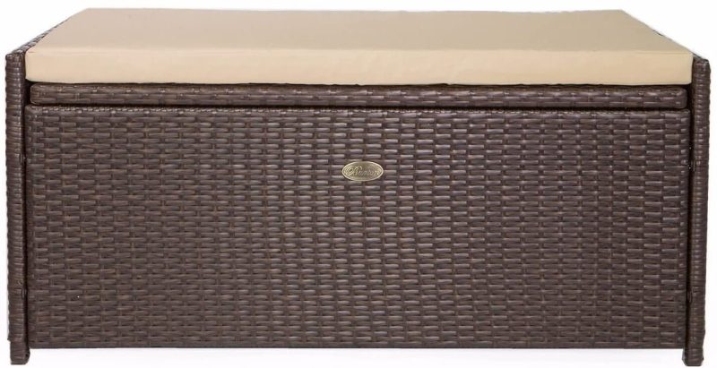 Barton Outdoor Storage Bench Rattan Style Deck Box Wicker Patio Furniture Water Resistance w/Seat Cushion, 60-Gallon, Brown - Image 3