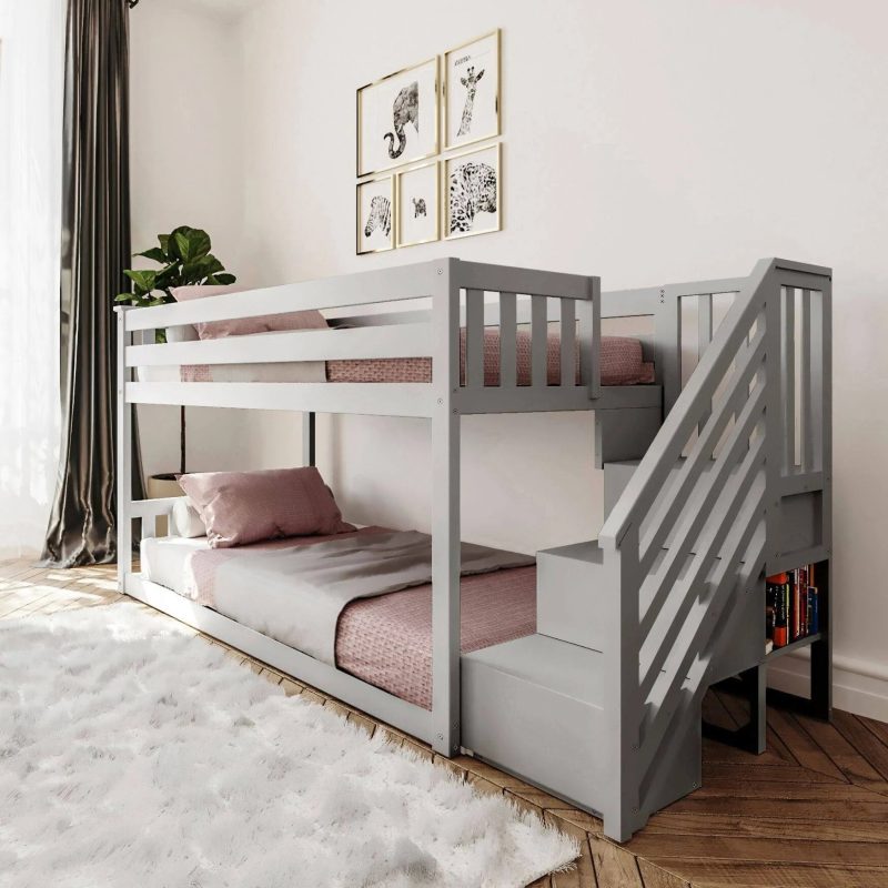 Max and Lily Twin Over Twin Low Bunk Bed with Staircase - Pecan - MadeInUSA - Image 5