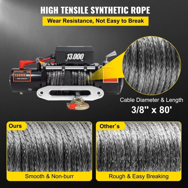 VEVOR Electric Winch 13000lb Load Capacity Truck Winch Compatible with Jeep Truck SUV 65ft/20m Synthetic Rope 12V Power Winch - Image 3
