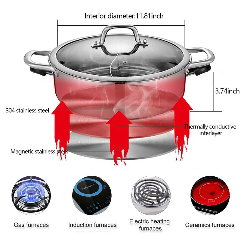 304 Stainless Steel Shabu Shabu Dual Sided Hot Pot W/ Lid And 2 Ladles - Image 24