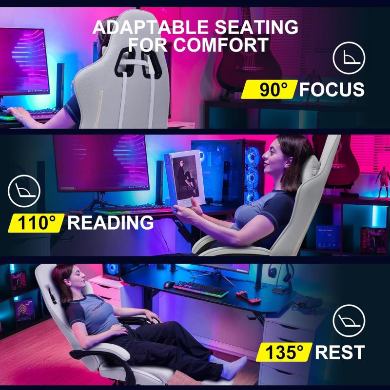 GTPLAYER Gaming Chair, Computer Chair with Footrest and Lumbar Support, Height Adjustable Game Chair with 360  -Swivel Seat and Headrest and for Office or Gaming (White) - Image 47