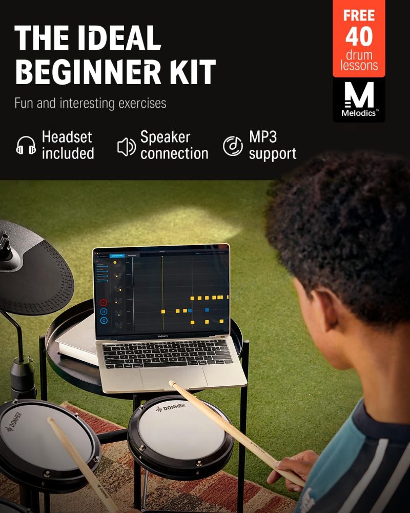 Donner DED-80 Electronic Drum Set, Electric Drum Set for Beginner with 4 Quiet Mesh Drum Pads, 2 Switch Pedal, 180+ Sounds, Throne, On-Ear Headphones, Sticks, and Melodics Lessons Included. sgtnighsdesigns - Image 2